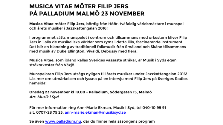Musica Vitae möter Filip Jers på Palladium Malmö 23 november