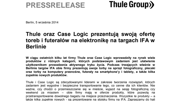 Thule oraz Case Logic prezentują swoją ofertę toreb i futerałów na elektronikę na targach IFA w Berlinie