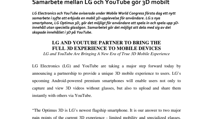 Samarbete mellan LG och YouTube gör 3D mobilt