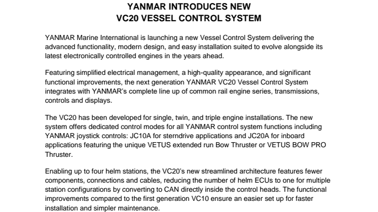 YANMAR Introduces New VC20 Vessel Control System 