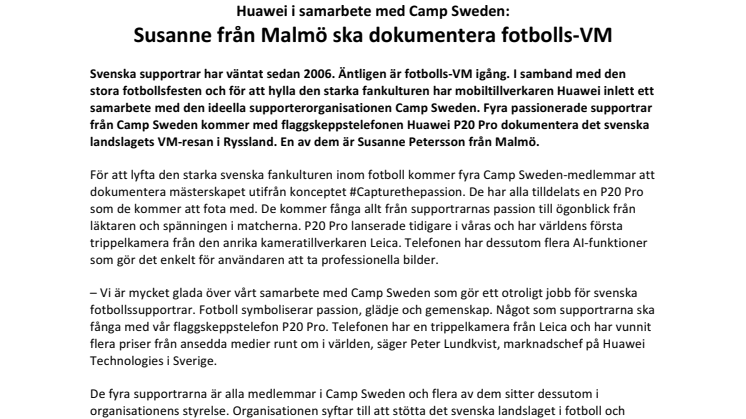  Huawei i samarbete med Camp Sweden: Susanne från Malmö ska dokumentera fotbolls-VM