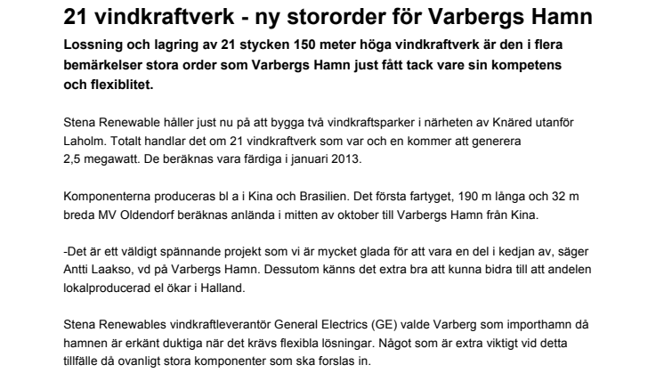 21 vindkraftverk - ny stororder för Varbergs Hamn