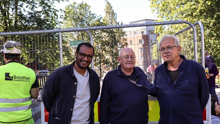 Omar Samy Gamal, Jørn Skaare og Kristian Blystad fra markering av øvre plass på Klosterenga. Foto: André Gali / Oslo kommune