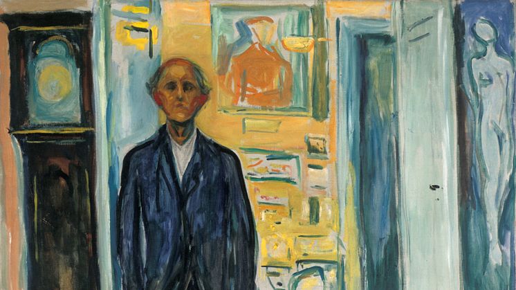 Selvportrett. Mellom klokken og sengen. Edvard Munch 1940-43