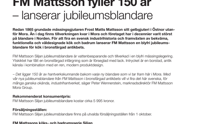 FM Mattsson fyller 150 år – lanserar jubileumsblandare