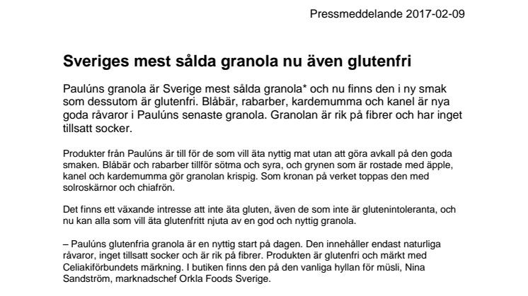 Sveriges mest sålda granola nu även glutenfri 
