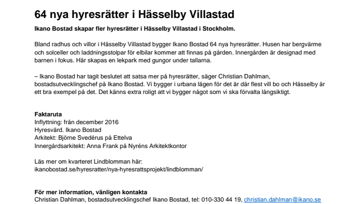64 nya hyresrätter i Hässelby Villastad