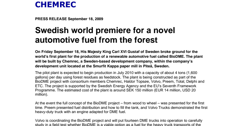 Swedish world premiere for a novel automotive fuel from the forest