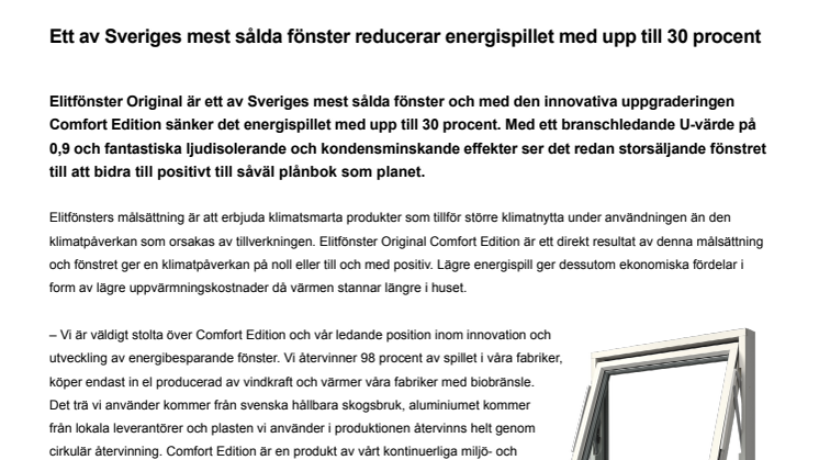 Ett av Sveriges mest sålda fönster reducerar energispillet med upp till 30 procent