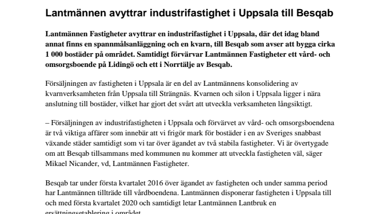 Lantmännen avyttrar industrifastighet i Uppsala till Besqab