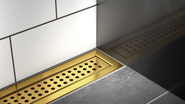 BLÜCHERs klassiska golvbrunnar och duschrännor finns nu i färgerna guld/mässing och svart. Perfekt om man vill matcha blandaren!
