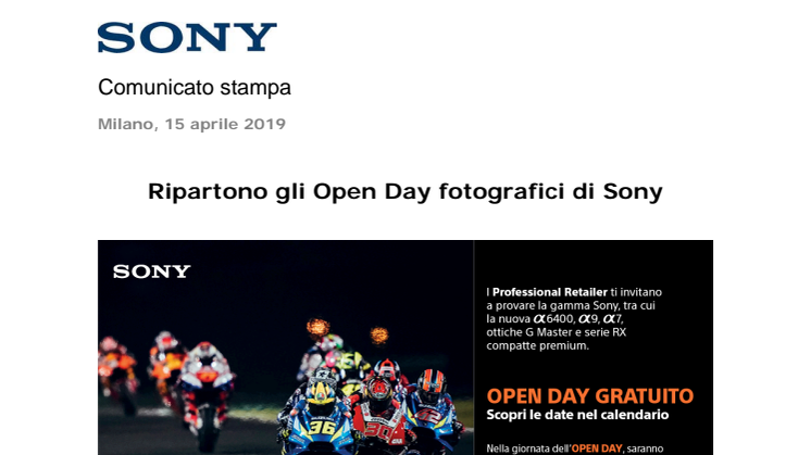 Ripartono gli Open Day fotografici di Sony