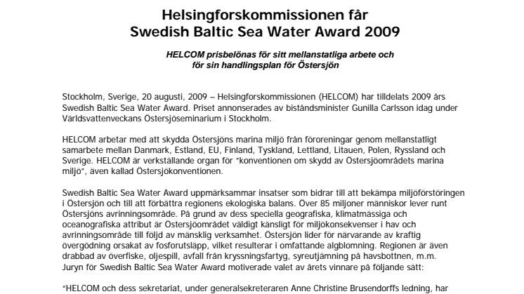 Helsingforskommissionen får Swedish Baltic Sea Water Award 2009