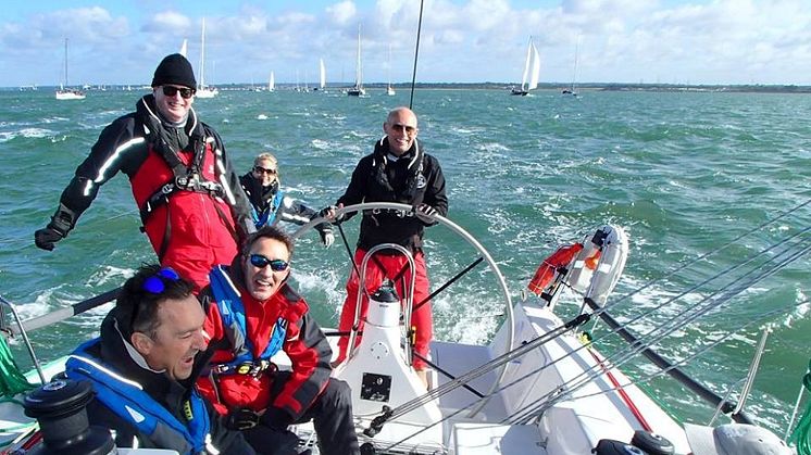 Sailor Simon Grier-Jones, pictured at the helm on another occasion, fell overboard while sailing in the Solent and was successfully recovered following the activation of his Ocean Signal rescueME MOB1. Credit: Snow Leopard Racing