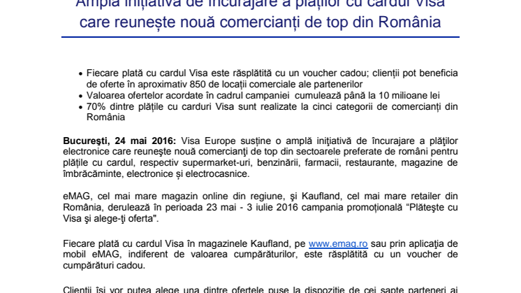 Amplă inițiativă de încurajare a plăților cu cardul Visa care reunește nouă comercianți de top din România