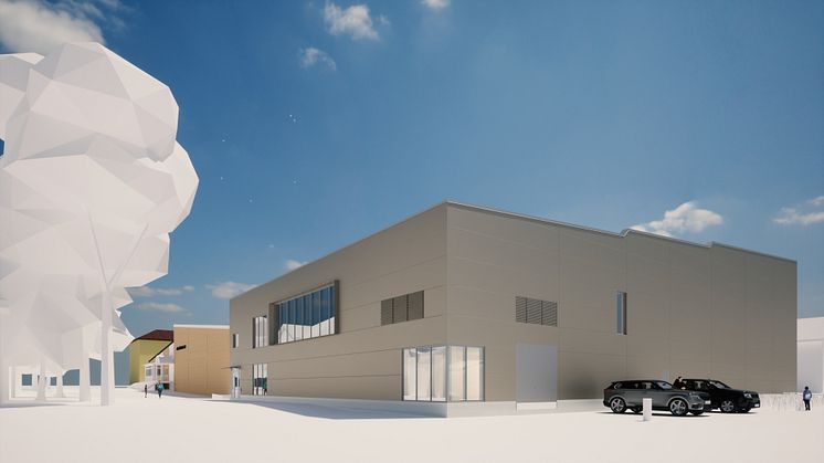 Nordvästra fasadhörnet på den nya truppgymnastikhallen, med plats för konst (Bild: Sweco Architects).