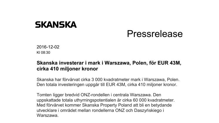 Skanska investerar i mark i Warszawa, Polen, för EUR 43M, cirka 410 miljoner kronor