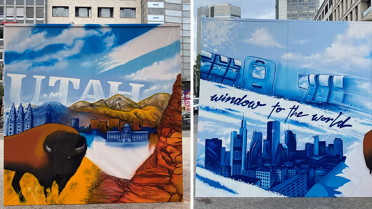 Street-Art in der Frankfurter Innenstadt anlässlich des Erstflugs von Eurowings Discover nach Salt Lake City