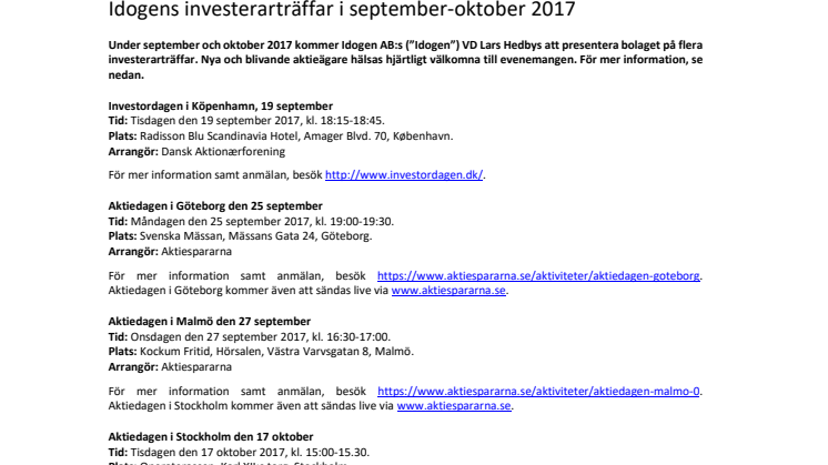 Idogens investerarträffar i september-oktober 2017