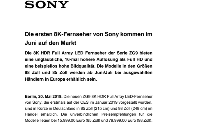 Die ersten 8K-Fernseher von Sony kommen im Juni auf den Markt