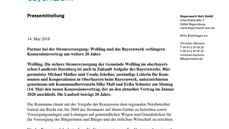 Konzessionsverlängerung: Bayernwerk und Gemeinde Weßling bleiben Partner