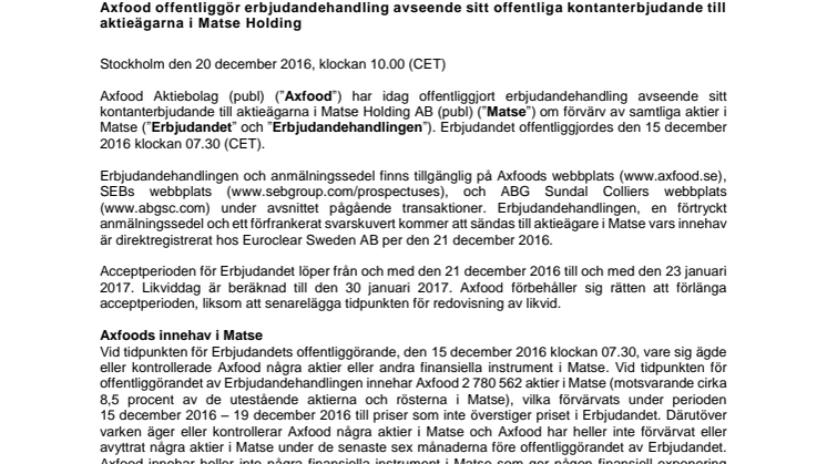 Axfood offentliggör erbjudandehandling avseende sitt offentliga kontanterbjudande till aktieägarna i Matse Holding