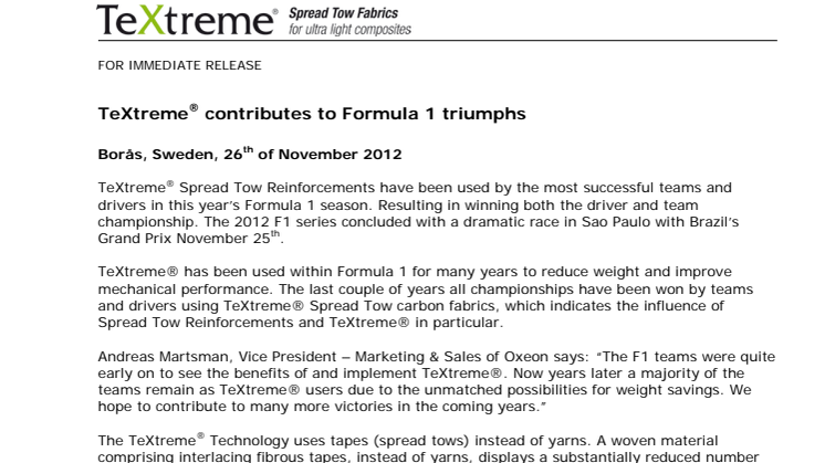 TeXtreme® contributes to Formula 1 triumphs