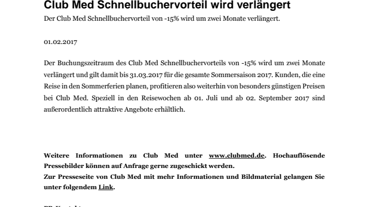Club Med Schnellbuchervorteil wird verlängert