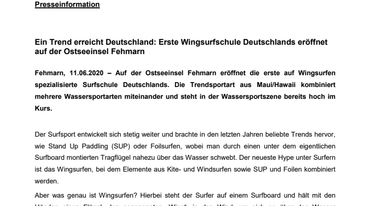 Ein Trend erreicht Deutschland: Erste Wingsurfschule Deutschlands eröffnet auf der Ostseeinsel Fehmarn