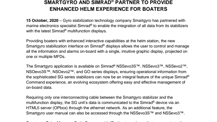 Smartgyro and Simrad® Partner to Provide Enhanced Helm Experience for Boaters