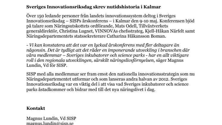 Sveriges Innovationsriksdag skrev nutidshistoria i Kalmar 