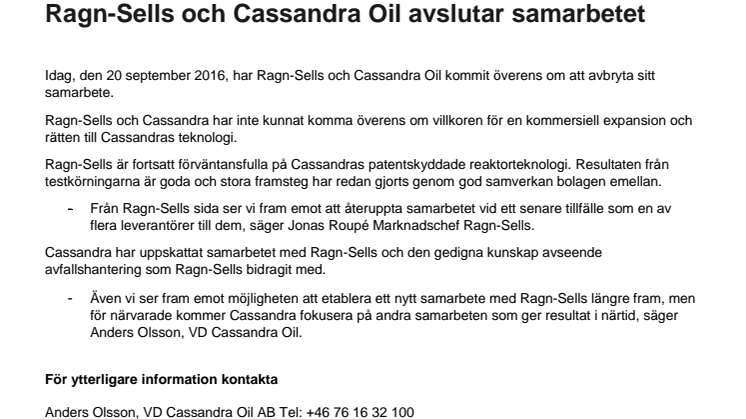 Ragn-Sells och Cassandra Oil avslutar samarbetet