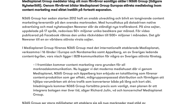 Mediaplanet Group bildar Europas största content marketing-grupp 