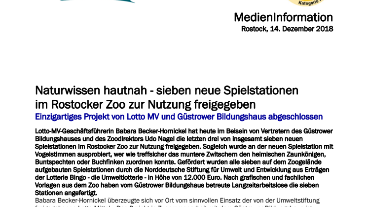 Naturwissen hautnah - sieben neue Spielstationen im Rostocker Zoo zur Nutzung freigegeben