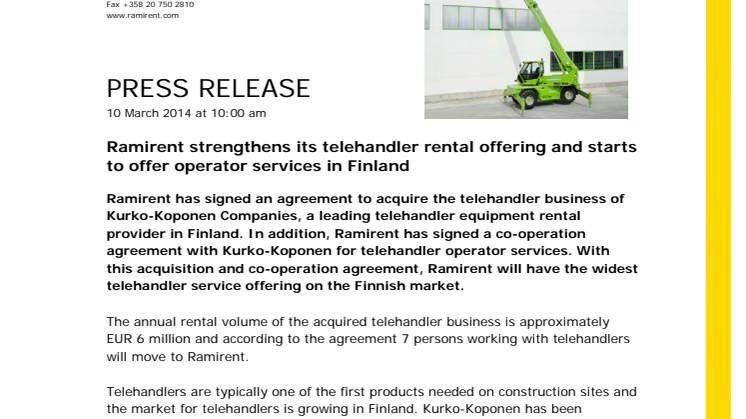 Ramirent strengthens its telehandler rental offering and starts to offer operator services in Finland 
