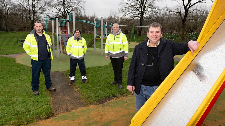 At the new play area at Ramsbottom Pool are (from left) Cllr Alan Quinn (cabinet member) and Kevin Dickinson (grounds manager) with play area inspectors.