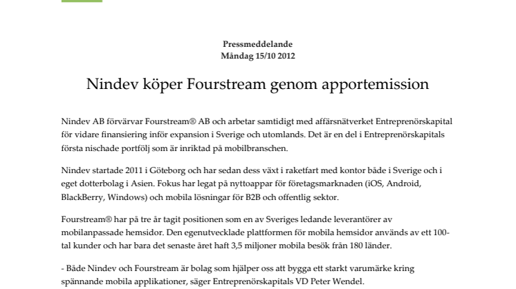 Nindev köper Fourstream genom apportemission
