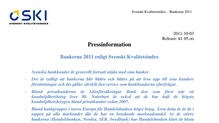 Svenska folket om sina banker 2011 - enligt Svenskt Kvalitetsindex 
