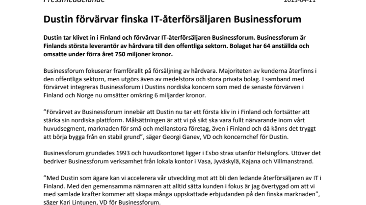 Dustin förvärvar finska IT-återförsäljaren Businessforum