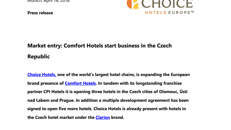 Market entry: Comfort Hotels start business in the Czech Republic