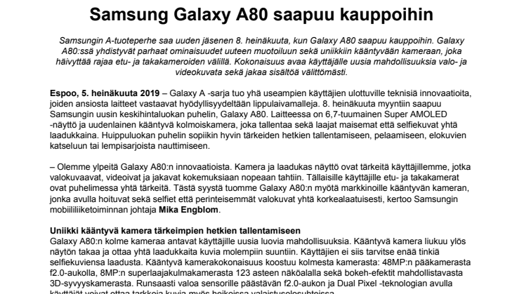 Samsung Galaxy A80 saapuu kauppoihin