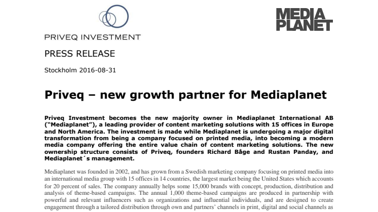 Priveq - new growth partner for Mediaplanet