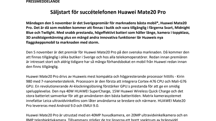Säljstart för succételefonen Huawei Mate20 Pro