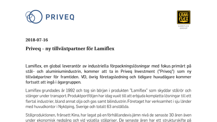 Priveq - ny tillväxtpartner för Lamiflex