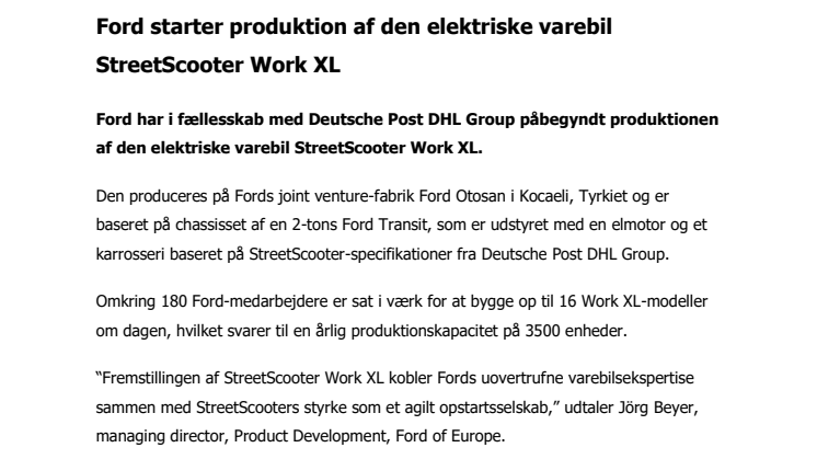 Ford starter produktion af den elektriske varebil StreetScooter Work XL