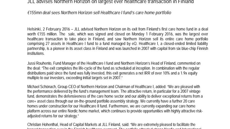 JLL advises Northern Horizon on largest ever healthcare transaction in Finland