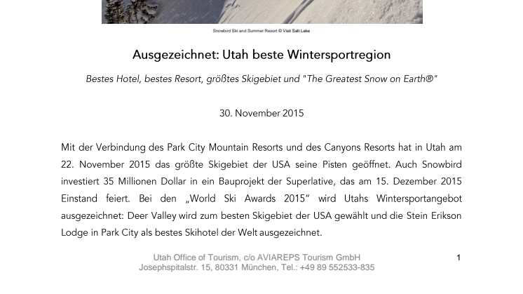 Ausgezeichnet: Utah beste Wintersportregion
