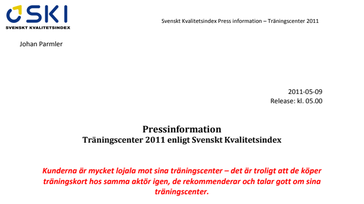 Träningscenter 2011 enligt Svenskt Kvalitetsindex