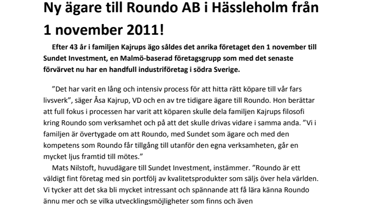 Moll Wendén legal rådgivare när Roundo förvärvas av Sundet Investment