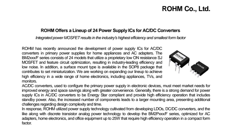 ROHM Offers a Lineup of 24 Power Supply ICs for AC/DC Converters: Integrated power MOSFET results in the industry’s highest efficiency and smallest form factor